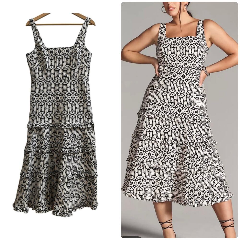 Anthropologie The Blythe Square Neckline Tiered Smocked Back Midi Dress Medium